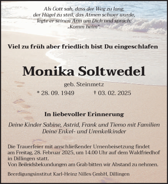 Todesanzeige von Monika Soltwedel von saarbruecker_zeitung