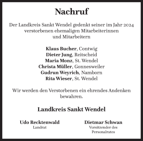Todesanzeige von Nachruf Landkreis Sankt Wendel von saarbruecker_zeitung