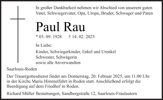 Todesanzeige von Paul Rau von saarbruecker_zeitung