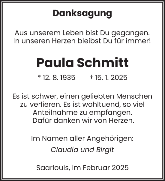 Todesanzeige von Paula Schmitt von saarbruecker_zeitung