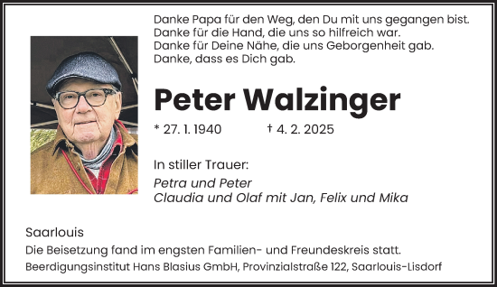 Todesanzeige von Peter Walzinger von saarbruecker_zeitung