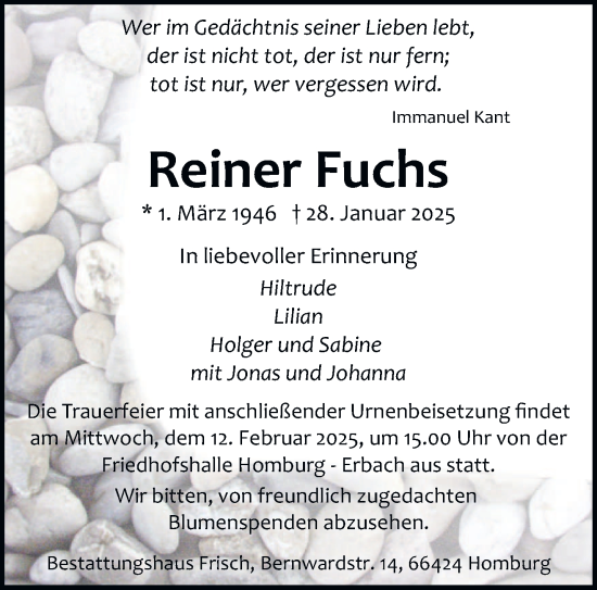Todesanzeige von Reiner Fuchs von saarbruecker_zeitung