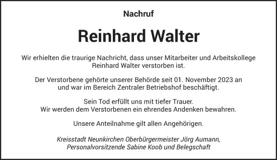 Todesanzeige von Reinhard Walter von saarbruecker_zeitung
