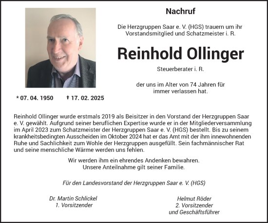 Todesanzeige von Reinhold Ollinger von saarbruecker_zeitung