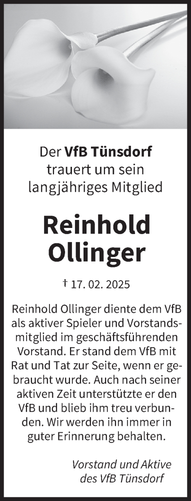Todesanzeige von Reinhold Ollinger von saarbruecker_zeitung