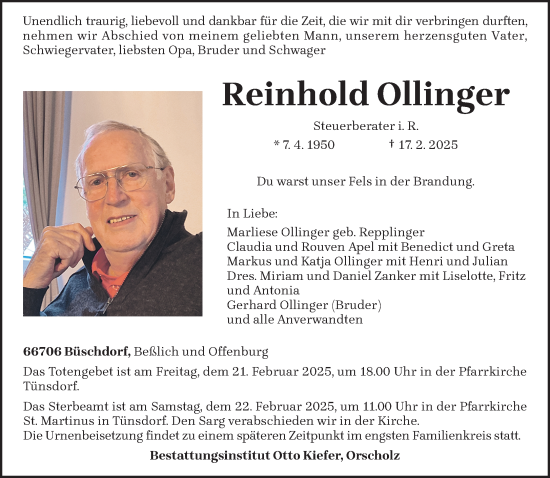 Todesanzeige von Reinhold Ollinger von saarbruecker_zeitung