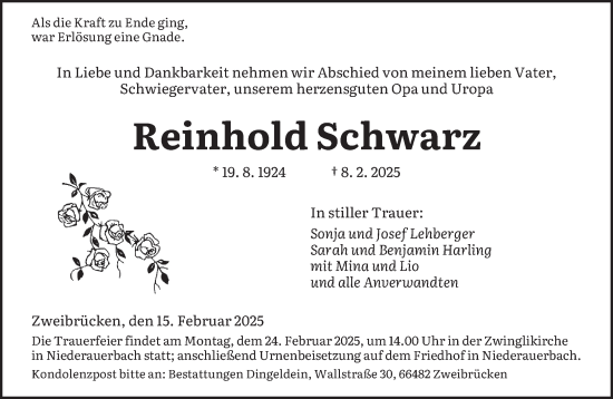 Todesanzeige von Reinhold Schwarz von saarbruecker_zeitung