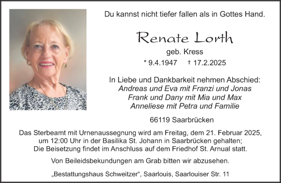 Todesanzeige von Renate Lorth von saarbruecker_zeitung