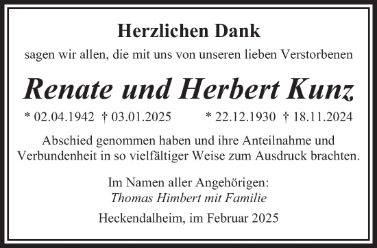 Todesanzeige von Renate und Herbert Kunz von saarbruecker_zeitung