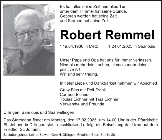 Todesanzeige von Robert Remmel von saarbruecker_zeitung