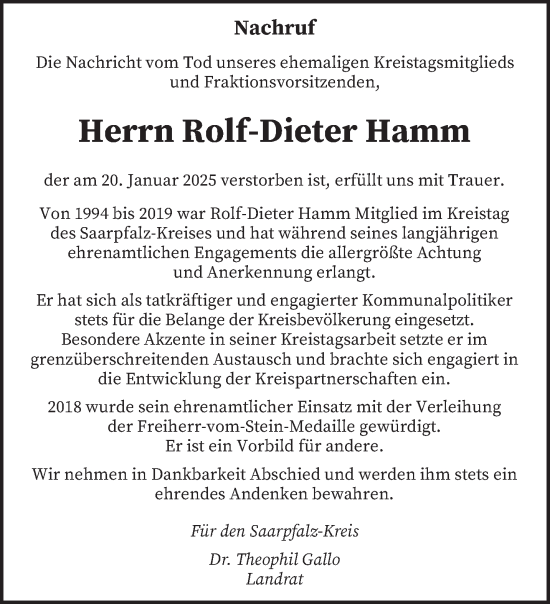 Todesanzeige von Rolf-Dieter Hamm von saarbruecker_zeitung