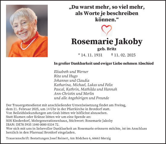 Todesanzeige von Rosemarie Jakoby von saarbruecker_zeitung