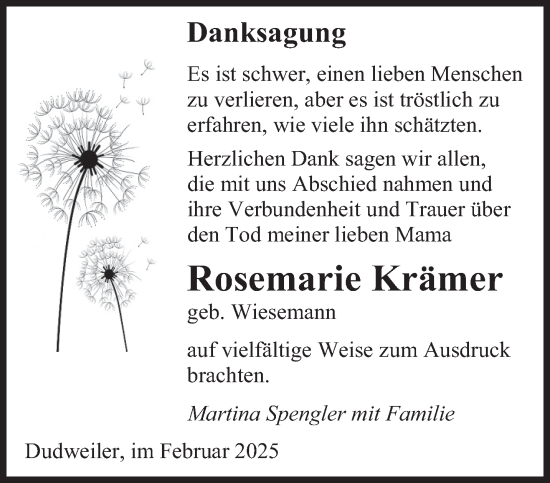 Todesanzeige von Rosemarie Krämer von saarbruecker_zeitung