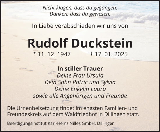 Todesanzeige von Rudolf Duckstein von saarbruecker_zeitung