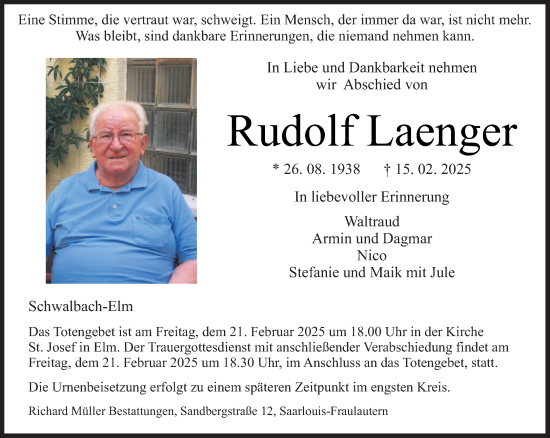 Todesanzeige von Rudolf Laenger von saarbruecker_zeitung