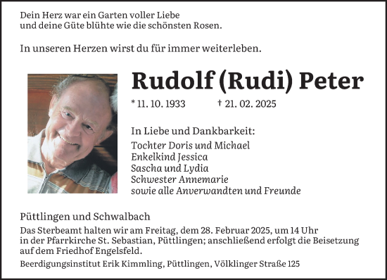 Todesanzeige von Rudolf Peter von saarbruecker_zeitung