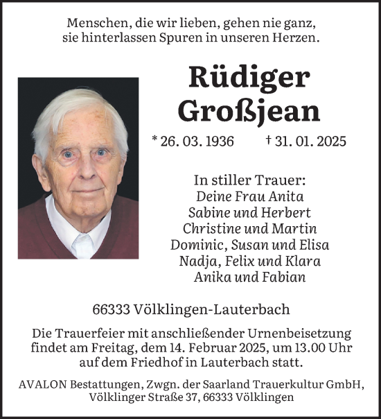 Todesanzeige von Rüdiger Großjean von saarbruecker_zeitung