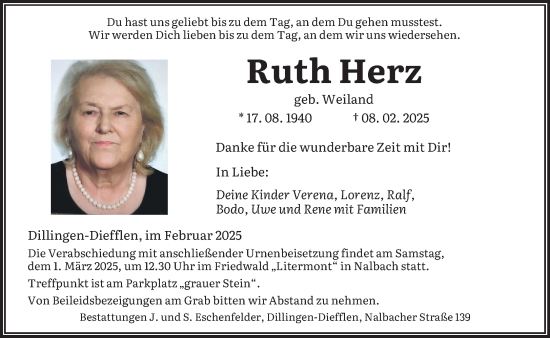 Todesanzeige von Ruth Herz von saarbruecker_zeitung