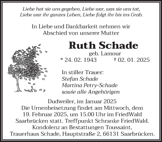 Todesanzeige von Ruth Schade von saarbruecker_zeitung