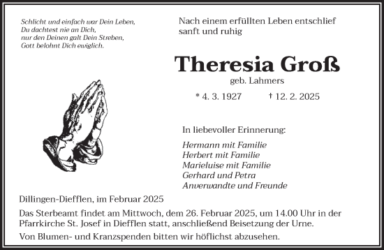 Todesanzeige von Theresia Groß von saarbruecker_zeitung