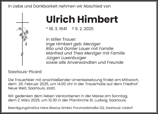 Todesanzeige von Ulrich Himbert von saarbruecker_zeitung