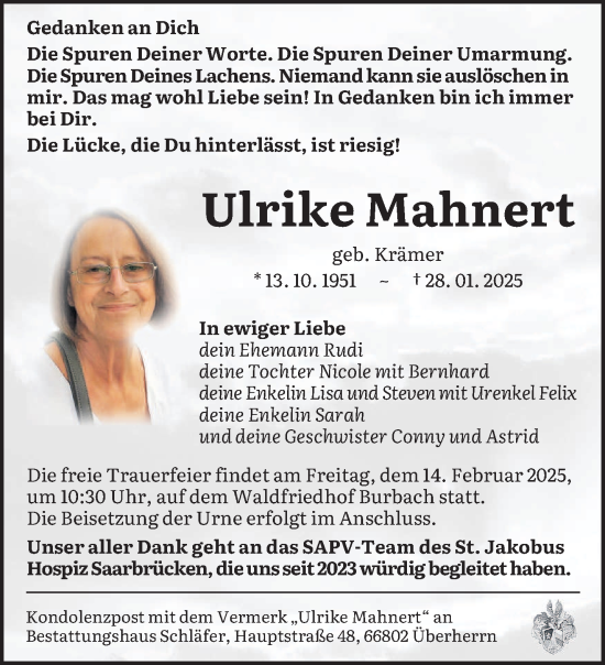 Todesanzeige von Ulrike Mahnert von saarbruecker_zeitung