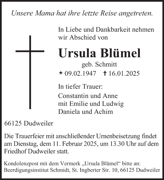 Todesanzeige von Ursula Blümel von saarbruecker_zeitung
