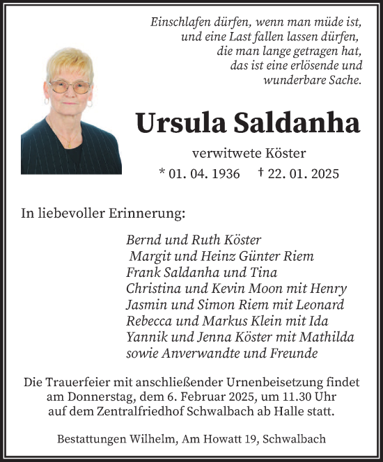 Todesanzeige von Ursula Saldanha von saarbruecker_zeitung