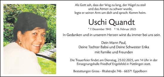 Todesanzeige von Uschi Quandt von saarbruecker_zeitung