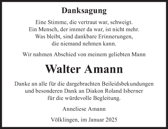 Todesanzeige von Walter Amann von saarbruecker_zeitung