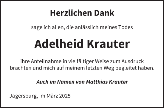 Todesanzeige von Adelheid Krauter von saarbruecker_zeitung