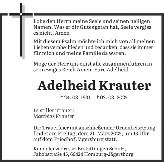 Todesanzeige von Adelheid Krauter von saarbruecker_zeitung