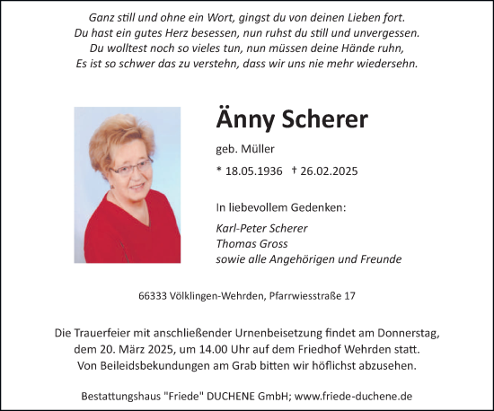 Todesanzeige von Änny Scherer von saarbruecker_zeitung