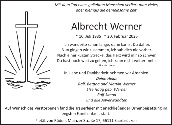 Todesanzeige von Albrecht Werner von saarbruecker_zeitung