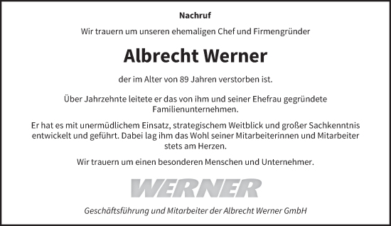 Todesanzeige von Albrecht Werner von saarbruecker_zeitung