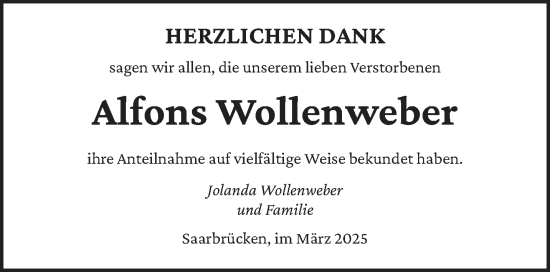 Todesanzeige von Alfons Wollenweber von saarbruecker_zeitung
