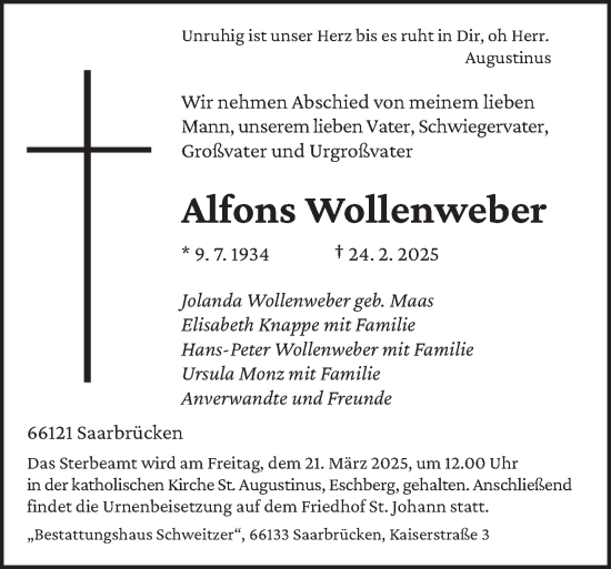 Todesanzeige von Alfons Wollenweber von saarbruecker_zeitung