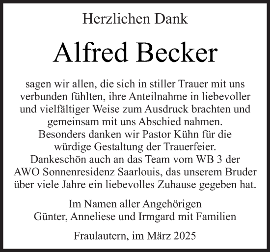 Todesanzeige von Alfred Becker von saarbruecker_zeitung