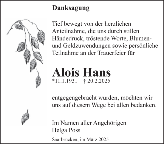 Todesanzeige von Alois Hans von saarbruecker_zeitung