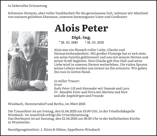 Todesanzeige von Alois Peter von saarbruecker_zeitung