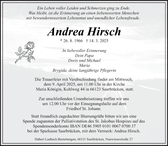 Todesanzeige von Andrea Hirsch von saarbruecker_zeitung