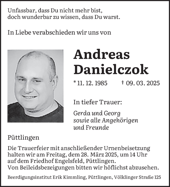 Todesanzeige von Andreas Danielczok von saarbruecker_zeitung