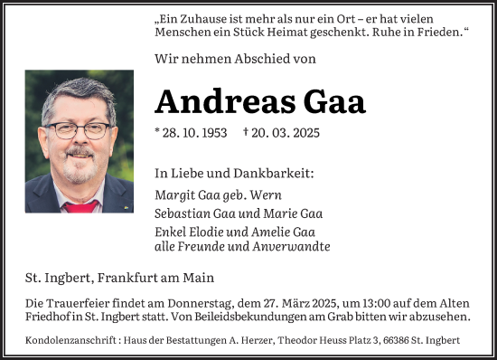 Todesanzeige von Andreas Gaa von saarbruecker_zeitung