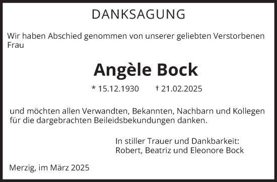 Todesanzeige von Angèle Bock von saarbruecker_zeitung