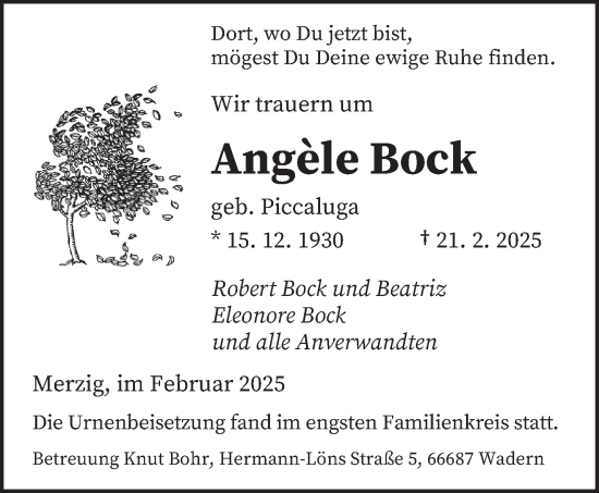 Todesanzeige von Angèle Bock von saarbruecker_zeitung