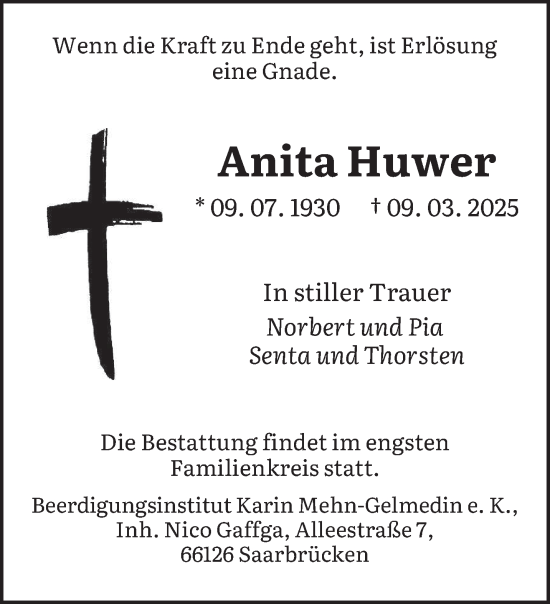 Todesanzeige von Anita Huwer von saarbruecker_zeitung
