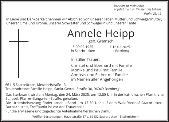 Todesanzeige von Annele Heipp von saarbruecker_zeitung