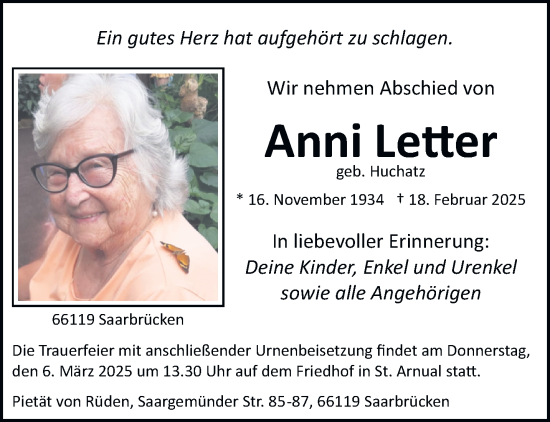 Todesanzeige von Anni Letter von saarbruecker_zeitung