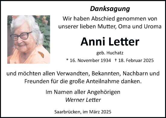 Todesanzeige von Anni Letter von saarbruecker_zeitung