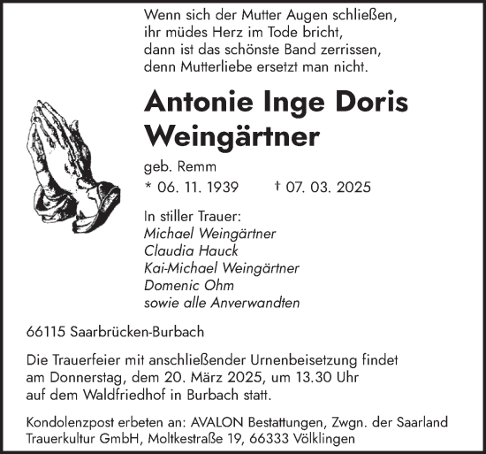 Todesanzeige von Antonie  Weingärtner von saarbruecker_zeitung